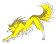 a cartoon drawing of a yellow wolf with a long tail .