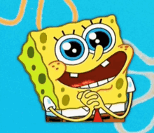 a cartoon of spongebob squarepants is smiling with his hands folded