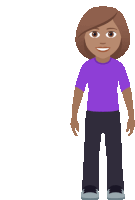 a woman in a purple shirt and black pants is smiling