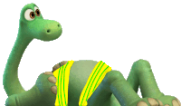 a cartoon dinosaur with a yellow and green striped swimsuit on