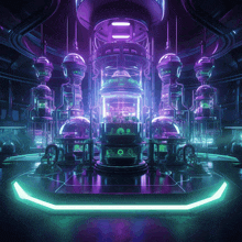 a futuristic room with purple and green lights and a purple cylinder with a green circle on it