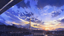 a painting of a sunset over a city with a lot of power lines