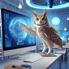 an owl is standing on a desk in front of a computer monitor that says ' eee ' on it