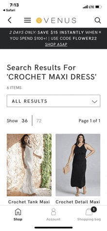 a phone screen shows a search for crochet maxi dresses