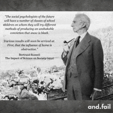 a black and white photo of a man smoking a pipe and a quote from bertrand russell