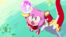 amy rose from sonic the hedgehog is holding a purple ball