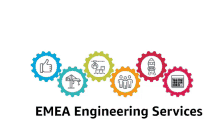 a logo for emea engineering services with gears and icons on it