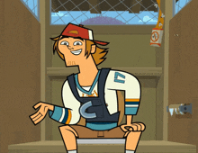 a cartoon character wearing a number 4 jersey sits on a bench