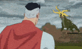 a cartoon of a man in a red jacket looking at a monster