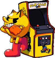 a cartoon of pac man standing next to a pac man arcade game