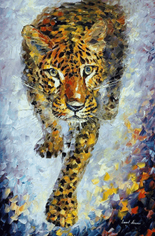 a painting of a leopard with the name leonid afremov on the bottom right