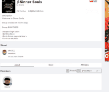 a screenshot of a group called sinner souls on a website