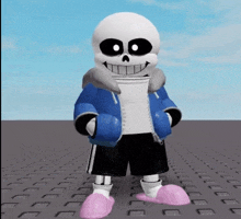 sans from undertale is wearing a blue jacket and black shorts and pink slippers