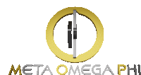 a logo for meta omega phi with a gold circle in the middle