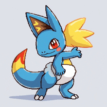 a drawing of a blue and yellow pokemon with a yellow tail