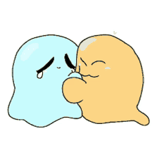 a cartoon of a blue and orange ghost kissing