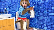 a monkey is sitting on a toilet holding a roll of toilet paper in a bathroom .