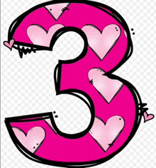 the number three is decorated with pink hearts on a white background