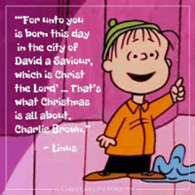 a cartoon of charlie brown with a quote about christmas