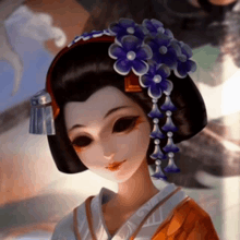 a geisha with purple flowers in her hair is wearing a kimono