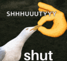 a seagull is being fed by a yellow hand that says shut on it