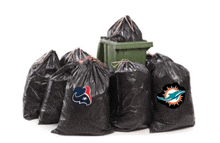 a pile of garbage bags with the logos for the texans and dolphins