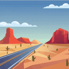 a cartoon illustration of a road in the desert with mountains in the background