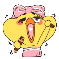 a cartoon chicken with a pink bow is holding a mascara