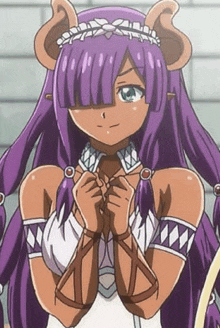 a cartoon girl with purple hair and ears is wearing a tiara and a white dress .