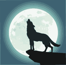 a wolf howling at the full moon on a cliff