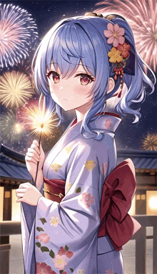 a girl in a kimono is holding a sparkler in front of a fireworks display