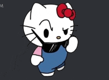 a hello kitty wearing sunglasses and overalls looks angry