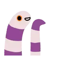 a purple and white striped worm is holding a red ribbon