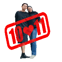 a man and a woman are standing next to a red stamp that says 10 11