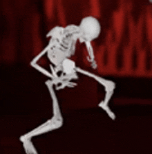 a skeleton is dancing in front of a red curtain in a dark room .