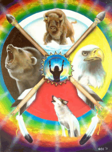 a painting of a wolf a bison a bear and an eagle with the year 2011 on the bottom right