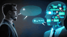 a man talking to a robot with speech bubbles coming out of his mouth