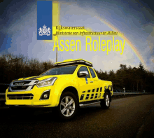 a yellow truck that says ' assen roleplay ' on the side