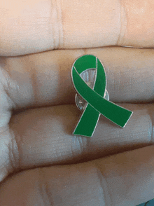 a person is holding a green ribbon pin between their fingers