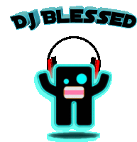 a logo for dj blessed with a cartoon figure wearing headphones