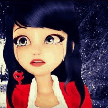 a cartoon girl is crying with tears running down her face and wearing a red jacket .