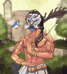 a drawing of a man with a mask on his face and a bird flying in the background