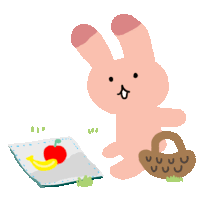 a cartoon rabbit is holding a basket and standing next to a plate of fruit