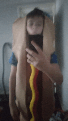 a person wearing a hot dog costume takes a selfie