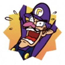 a cartoon of a man with a purple hat and mustache screaming with his mouth open .