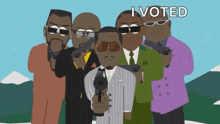 a group of men holding guns with the words " i voted " in the corner