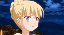 a girl with blonde hair and blue eyes is wearing a bun