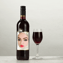 a bottle of red wine with a picture of a woman on the label