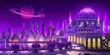 a futuristic city with a pink planet in the background