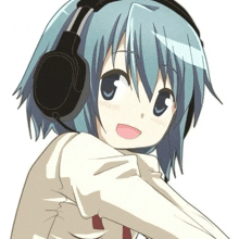 a girl with blue hair is wearing headphones and a white shirt